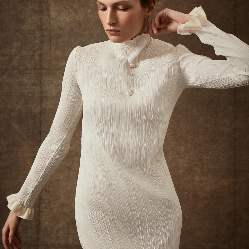 Danielle Frankel Jamie Ruffled Plisse Silk Blend Mini Dress Ivory Size 12